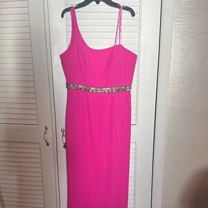 Aidan Mattox Vibrant Pink One Shoulder Dress with metallic detailing